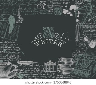 Writer workspace. Vector banner on a writers theme with sketches and place for text on the black background. Vintage illustration with hand-drawn typewriter, books, handwritten scribbles and notes