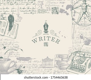 Writer workspace. Vector banner on a writers theme with sketches and place for text. Vintage illustration with hand-drawn typewriter, books. Text carries no information