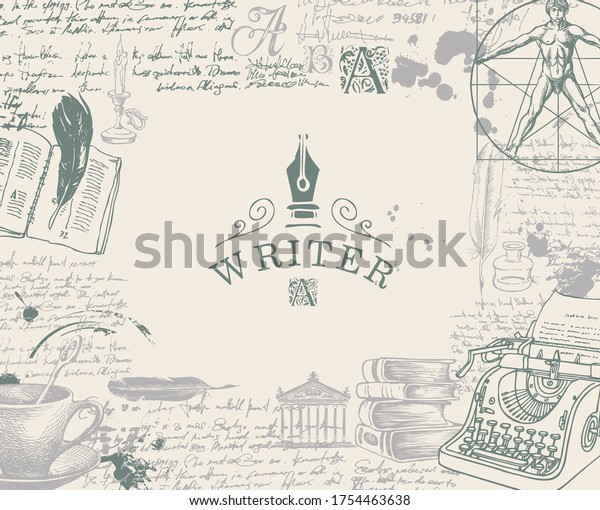 Writer workspace. Vector\
banner on a writers theme with sketches and place for text. Vintage\
illustration with hand-drawn typewriter, books. Text carries no\
information