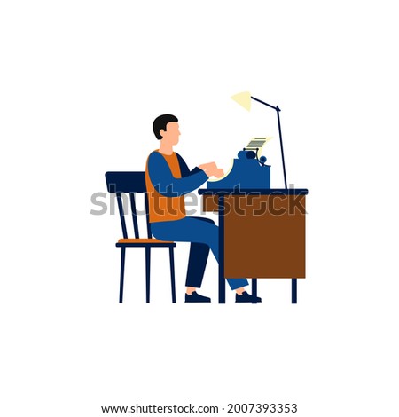 A writer writes a book at his desk on a typewriter. Preparing a report, dissertation.  Professor at work. Icon for game, app, website about education, education, book creation. Flat cartoon style