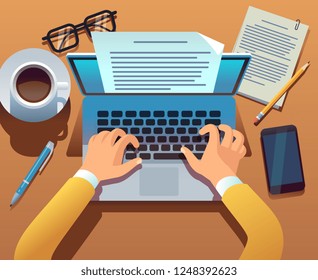 Writer writes document. Journalist create storytelling with laptop. Hands typing on computer keyboard. Story writing vector concept