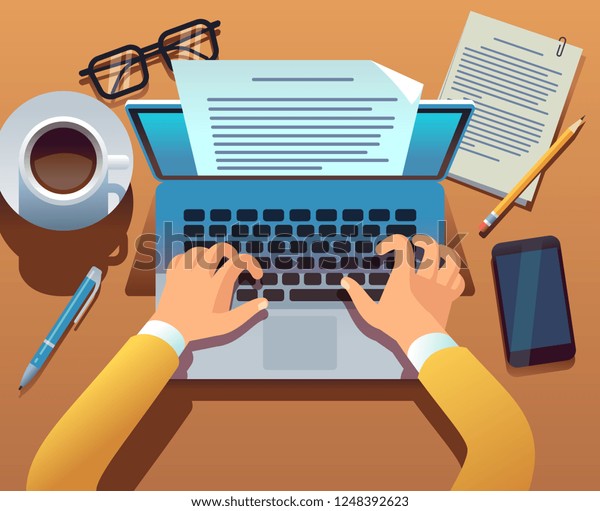 Writer writes document. Journalist create\
storytelling with laptop. Hands typing on computer keyboard. Story\
writing vector concept