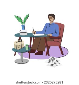 The writer writes a novel while sitting at a round table in a comfortable easy chair, surrounded by attributes appropriate for the working environment. Vector illustration