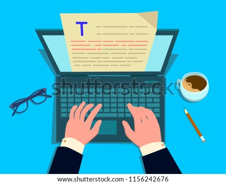 The writer writes on the computer.Vector illustration in a flat style.