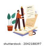 Writer writing book with pen on papers. Author creating fiction literature. Work and creation process of creator with novel pages and coffee cup. Flat vector illustration isolated on white background