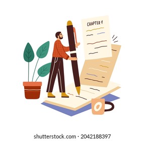 Writer writing book with pen on papers. Author creating fiction literature. Work and creation process of creator with novel pages and coffee cup. Flat vector illustration isolated on white background