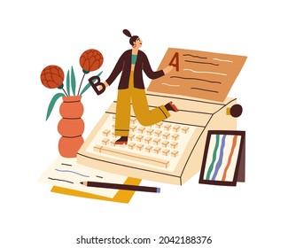 Writer writing book with typewriter and papers. Happy creative author creating literature. Work process of tiny editor. Creativity concept. Flat vector illustration isolated on white background