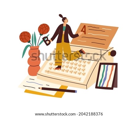 Writer writing book with typewriter and papers. Happy creative author creating literature. Work process of tiny editor. Creativity concept. Flat vector illustration isolated on white background