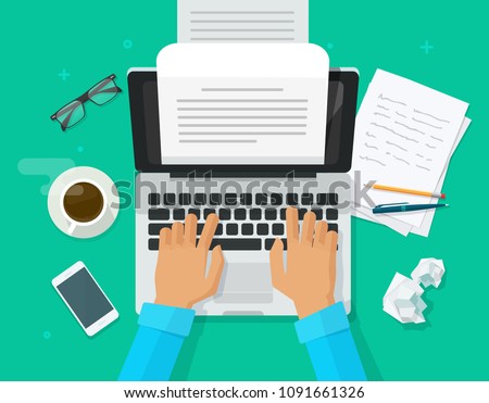 Writer writing on computer paper sheet vector, flat cartoon person editor write electronic book text top view, laptop with writing letter or journal story, journalist author working, education idea
