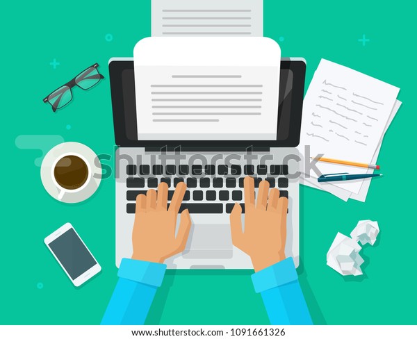Writer writing on computer paper sheet vector,\
flat cartoon person editor write electronic book text top view,\
laptop with writing letter or journal story, journalist author\
working, education\
idea\
