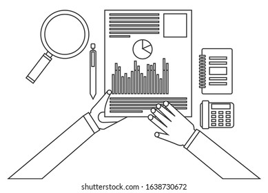 Writer writing on paper sheet vector illustration, flat cartoon person hands with pen on working table with text, workplace top view