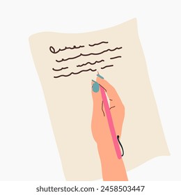 Writer writing on a piece of paper vector illustration, cheovy man writing a letter, flat flt man hands with pen.