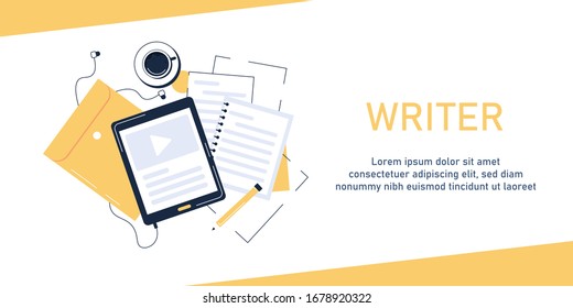 Writer,Concept web cover or banner for blogger or online education,headphones and coffee, mockup isolated on white top view,flat design icon vector illustration