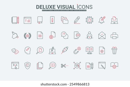 Ferramentas de escritores e autores para criar e escrever, editar conteúdo, ideia para o conjunto de ícones de linha de artigo. Aplicativo editor para laptop, celular, aplicativo de livro on-line fino preto e vermelho símbolos de contorno ilustração vetorial