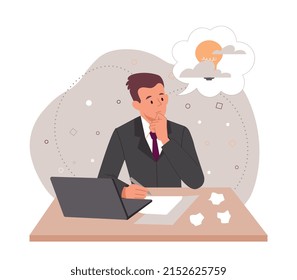 Writers block concept. Guy sits at laptop and rubs chin. Thoughtful creative personality, mental dead end and problems with writing article at copywriter, freelance. Cartoon flat vector illustration