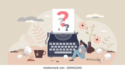 Writers block as missing creative muse for story content tiny person concept. Stress, pressure and confusion because of difficulties to get inspiration vector illustration. Author imagination crisis.