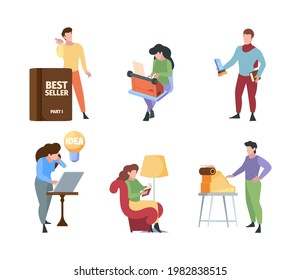 Writers characters. Bloggers paper journalist business editing writers using and typing computer communication laptop garish vector flat persons concept pictures