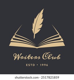 Writers club emblem template. Opened book and quill pen logo, vector illustration