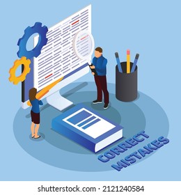 Writers correcting mistakes on an article 3D isometric vector concept for banner, website, illustration, landing page, flyer, etc
