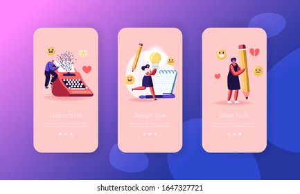 Writers Create Book Mobile App Page Onboard Screen Set. People Enjoying Writing Hobby, Typing on Typewriter, Put Ideas in Notebook Concept for Website or Web Page. Cartoon Flat Vector Illustration