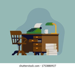 Writer's Desk Flat Vector Illustration. Study Or Office Concept Design With  Old Fashioned Work Desk With Typewriter, Table Lamp, And Wood Armchair 