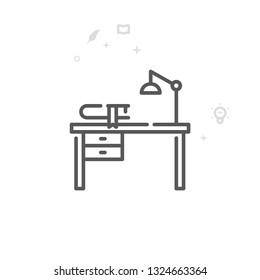 Writer's Desk, Workplace Vector Line Icon. Writing, Authors and Books Symbol, Pictogram, Sign. Light Abstract Geometric Background. Editable Stroke. Adjust Line Weight. Design with Pixel Perfection.