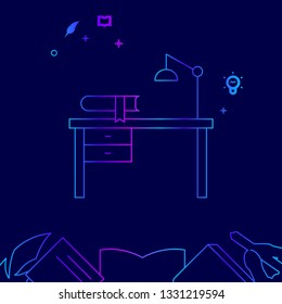 Writer's Desk, Workplace Vector Line Illustration. Writing, Authors, Education Gradient Icon, Symbol, Pictogram, Sign. Dark Blue Background. Light Abstract Geometric Background. Related Bottom Border