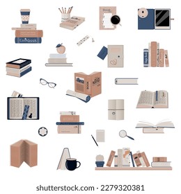 Набор из канцелярских изделий и книг. Writers desktop items composition. Vector illustration in flat cartoon design.