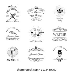 Writers labels set. World Writer Day logos. Paperweight, feather, elegant pen, writer, literary. Swirls, ornamental filigree frame, decorative design elements. Vector illustration.