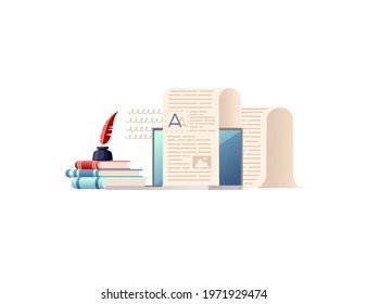 Writer's modern workplace with books feather and laptop vector illustration on white background