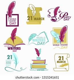 Writers And Poetry Day Isolated Icon Feather And Book Vector Bookstore Or Library Emblems And Logo Literature Holiday Celebration Writing And Lettering Fiction And Manuscripts Textbooks Volumes