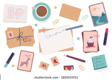 Writers set of postcards and envelopes, decorative pencils and pens for writing. Coffee or tea in cup, clips and antique postmarks. Composing letters and adorning for holidays, vector in flat