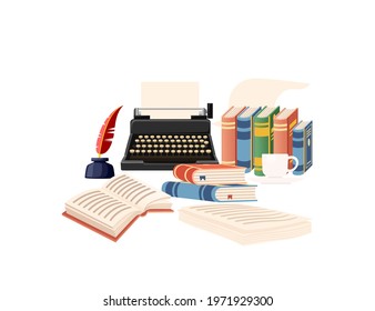 Writer's workplace with books feather and retro typewriter vector illustration on white background