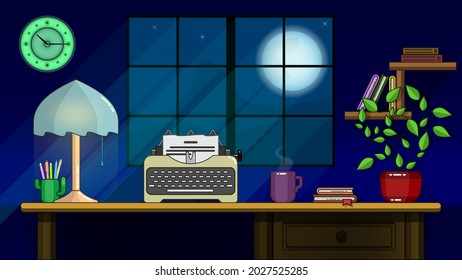 Writer's workplace at night with the moon. Vector illustration.