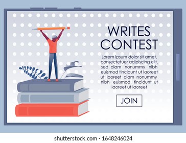 Writes Contest Advertising Poster on Mobile Screen. Cartoon Man Winner Stand on Huge Book Stack Holding Giant Pencil over Head. Book Festival. Literature Competition for Writers. Vector illustration