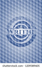 Writhe blue badge with geometric background.
