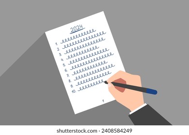 Writing of 2024 goal list, wishing or shopping checklist. Big New Year resolutions. Concept of task planning for effective time management, daily routine, new beginnings and life changes