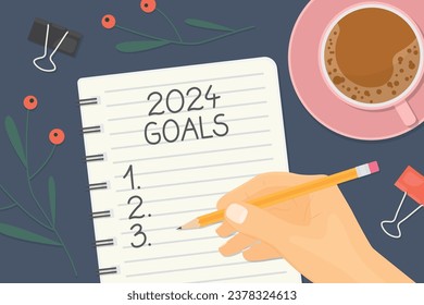 writing 2024 goals, flat lay view- vector illustration