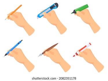 Writing accessories in hands. Hand writes with pen, pencil on paper sheet, signing document, handwritten letter, draw sketches on papers, stationery cartoon vector illustration. Human hands in pencil