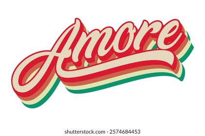 the writing amore, stacked with retro vintage colors, illustration, vector, logo, amore translation is love, work of handmade