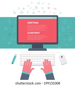 Writing an article for blog on computer. Flat illustration