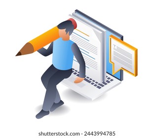 Writing articles for blogger content, flat isometric 3d illustration