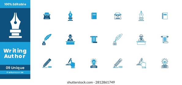 Writing Author Icon Set Featuring Fountain Pen, Typewriter, Bookshelf, Notebook, Quill, Ink Bottle, Manuscript, Feather Pen and Writing Tools for Authors Bloggers Novelists Journalists and Content Creators with Fully Editable Scalable Vector Format Suitable for Web Mobile App UI Print and Presentation Use in Flat Blue Solid Color Style
