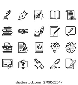 Conjunto de iconos de línea de escritura y autoría. 20 símbolos de esquema de Vector para educación, escritura creativa, documentos legales, Derechos de autor e ideas. Diseño negro minimalista.