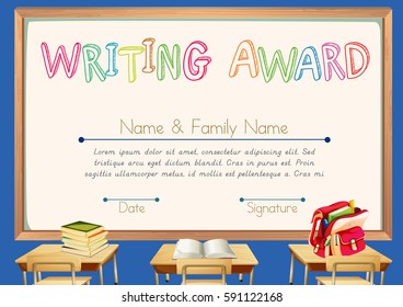 Writing award with classroom background illustration