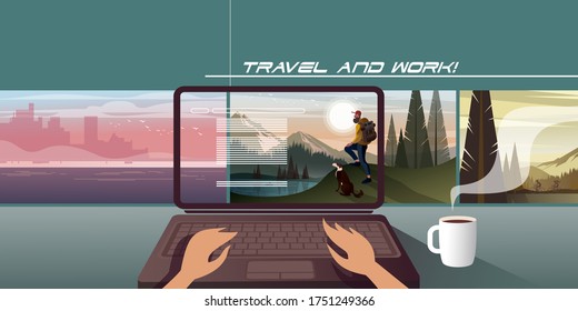 Writing away from the city. Illustration showing the advantage of remote work and our ability to travel and learn anywhere. Vector layout for landing page or flat design advertising banner.