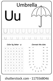 Writing A-Z, alphabet, exercises game for kids. Writing letter U