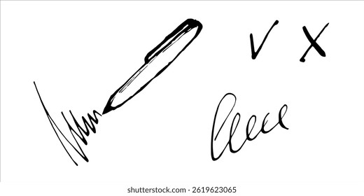 Writing ballpoint pen. Pen outline drawing painted by black inks. Hand drawn vector illustration on white background. Monochrome Hand-Drawn Ballpoint Pen Icon. Outline line icon