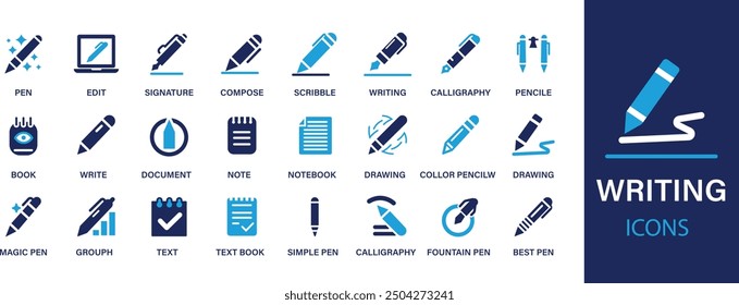 Writing best soild icon set. Containing pen, write, pencil, note, edit, writer, document, nib, text, author, book, calligraphy, document, handwriting and solid.