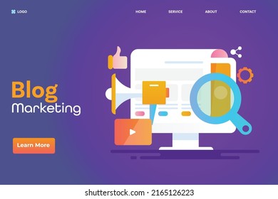 Writing blog, blog content development, Blog SEO, Blogging network, sharing on social media, marketing content - vector illustration landing page template with icons